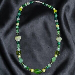 Artisan Green Glass Necklace‎ Heart Beads Crackle Glass Woodland Cottagecore